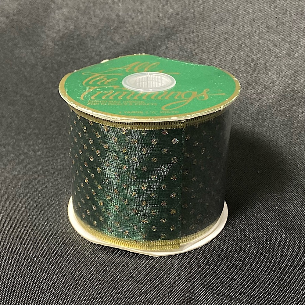 ⭐️ Vintage All The Trimmings Green Glittery Gold Polka Dots Ribbon 2.5” x 144”